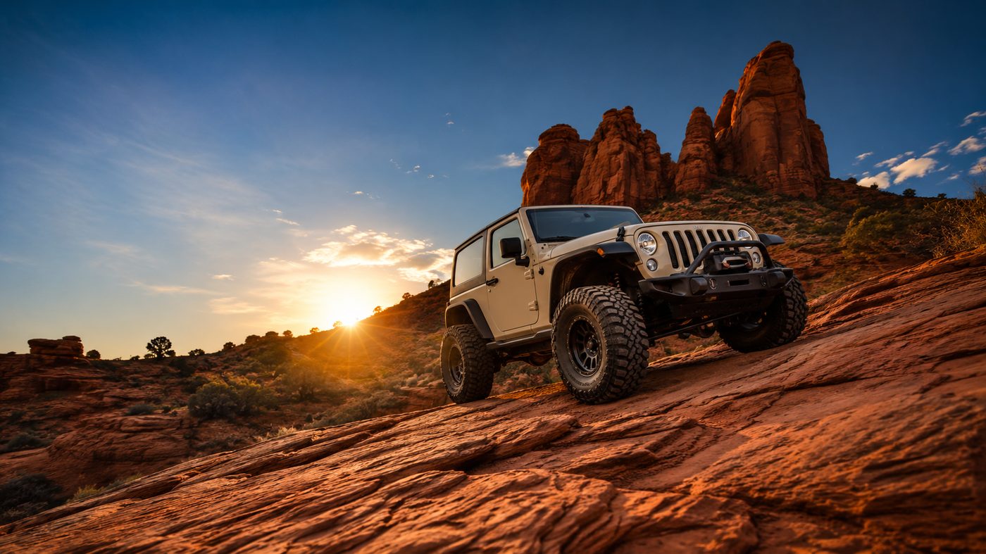 Wrangler climbing red rock at sunset
