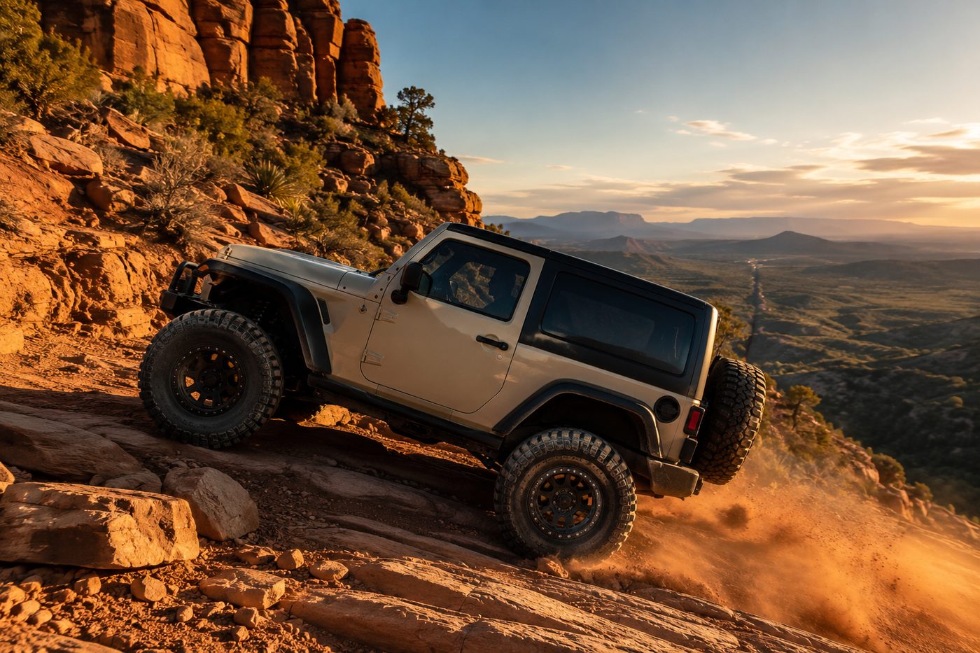 Wrangler descending red rock with valley view