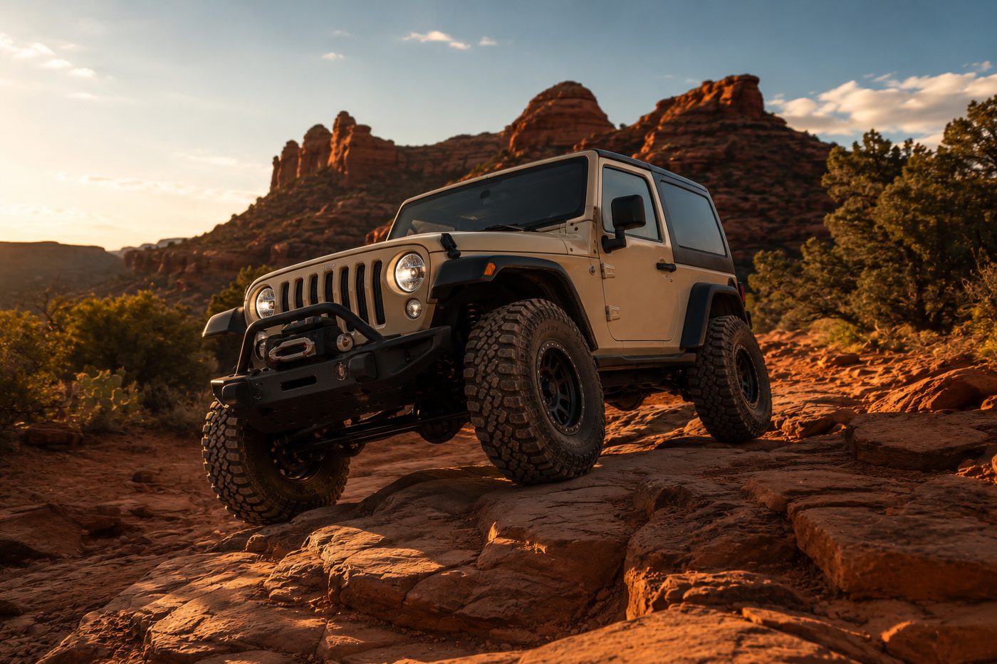 Wrangler on red rock at golden hour