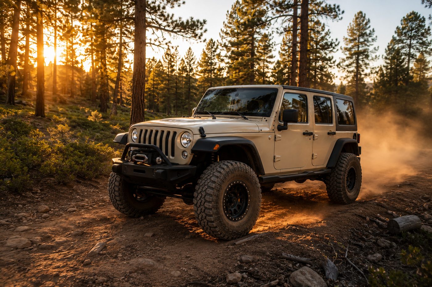 Wrangler on a forest trail at sunset